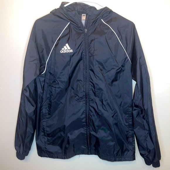 adidas Other - Adidas Black And White Zip Up Hooded Windbreaker Jacket Youth Size L EUC